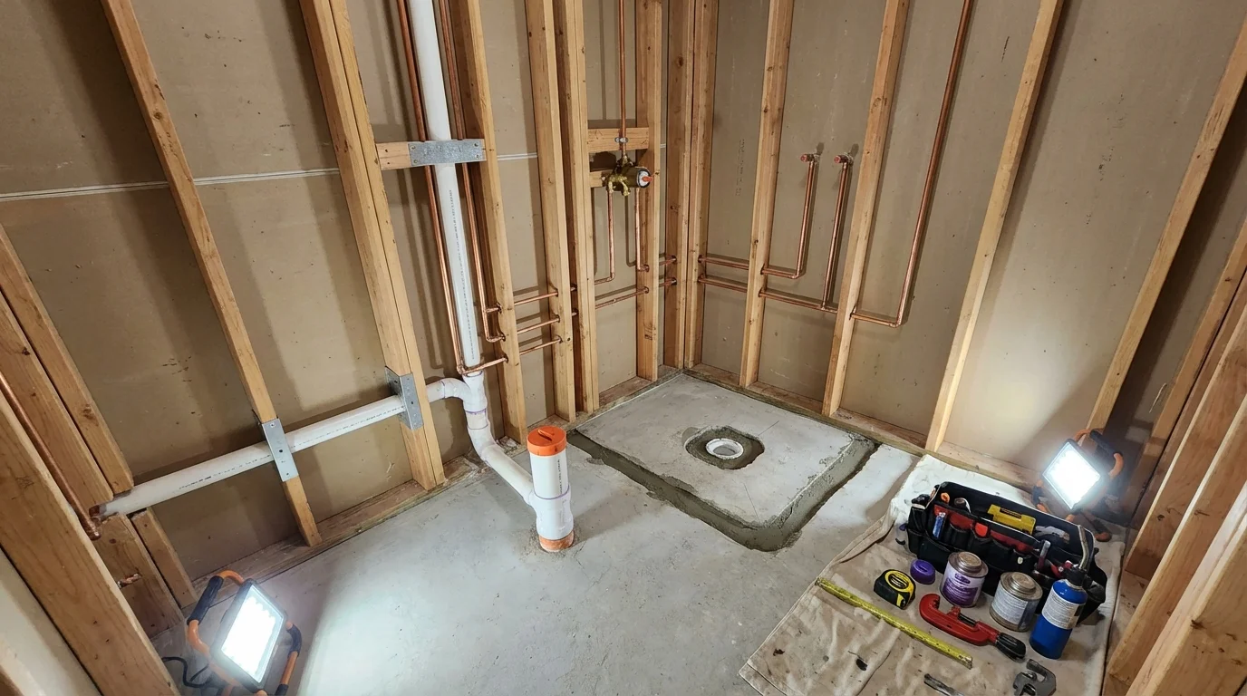 Bathroom rough-in plumbing during remodel by Johns Plumbing LLC in Haddonfield