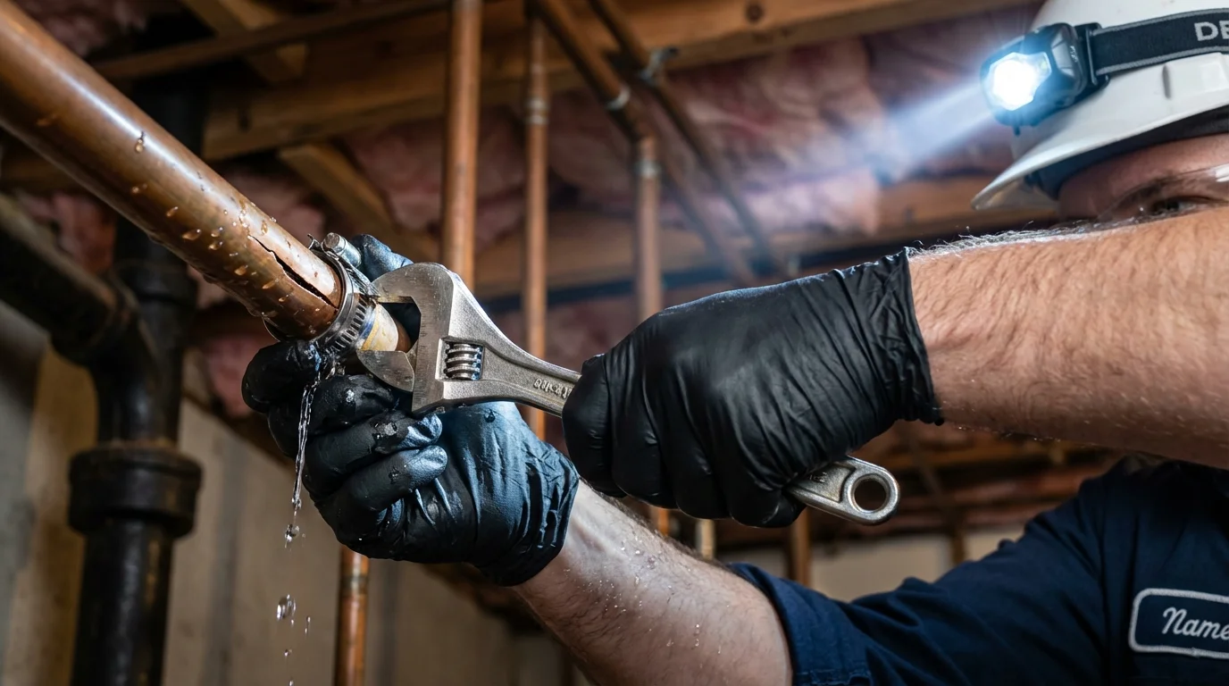 Emergency pipe clamp repair being performed by a Johns Plumbing LLC plumber in Haddonfield
