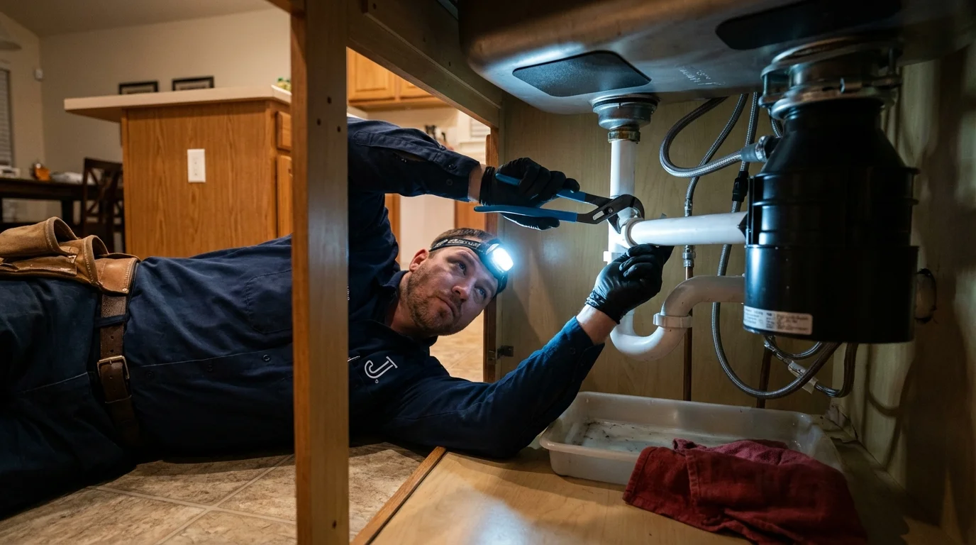 P-trap and supply line connections under a kitchen sink showing a common leak point in Haddonfield, NJ